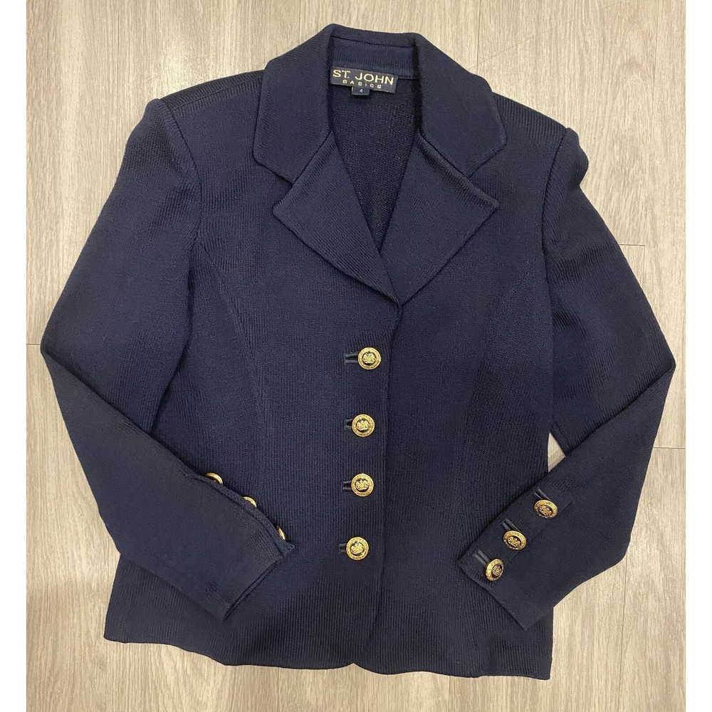 St. John Basics Navy Blue Santana Knit Jacket Size 4 Blazer 4 Buttons Business